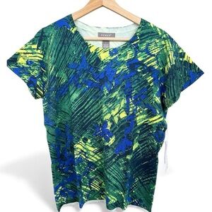 KENAR Blue Green Silk Blend Daphne Knit Top Sz L Multicolor Print Short Sleeve